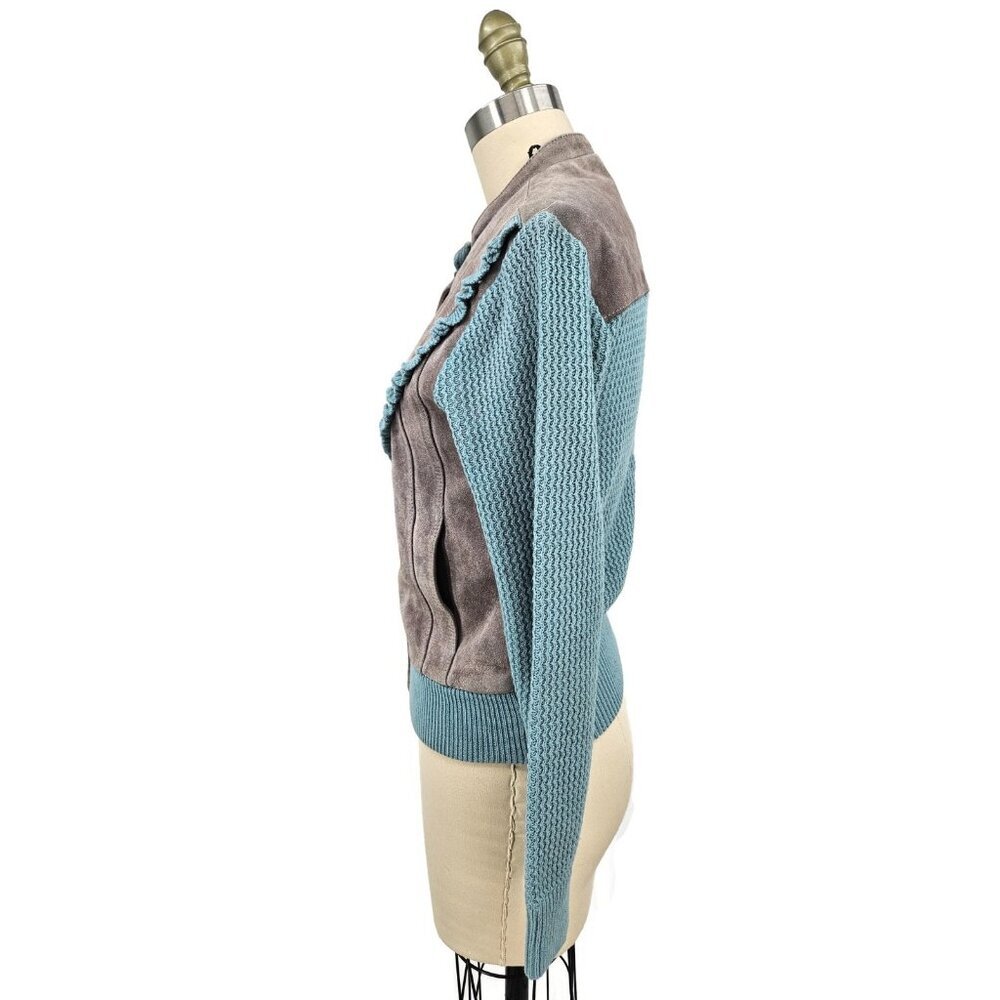 VTG Sheplers Leather Suede Knit Jacket Womens S Grey Ruffle Korea - Picture 5 of 9